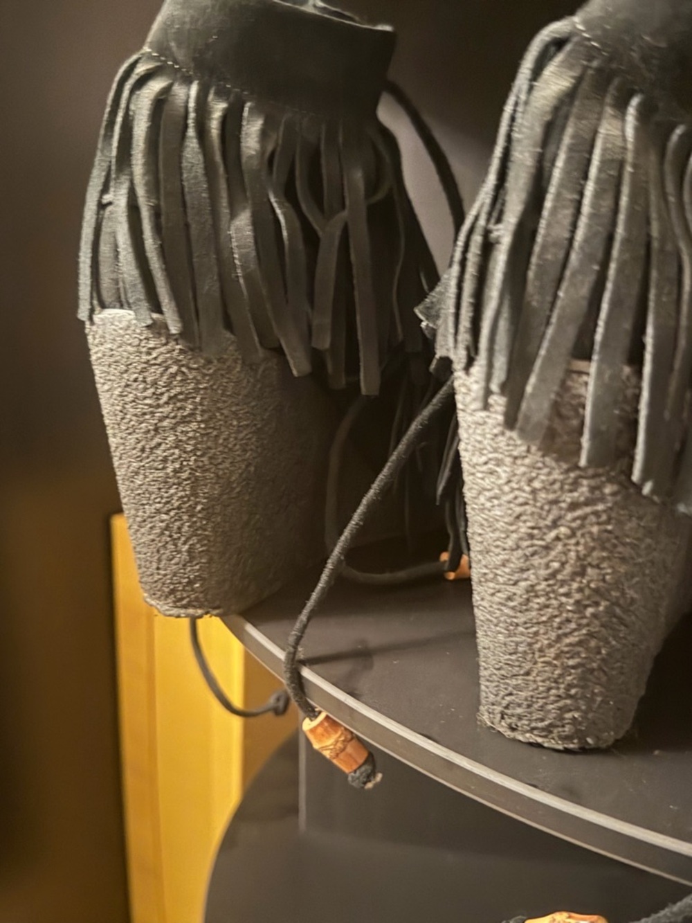 Betsey Johnson Black Suede Fringe Moccasin Boots with Multicolor Bead Flowers - Picture 2 of 4